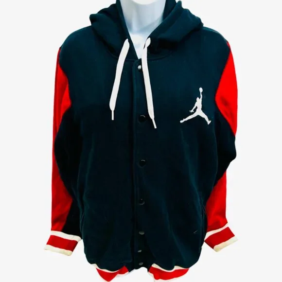 Air Jordan Hoodie Men’s  L Button Fleece Sweat Jacket Embroidered Logo black Red - Picture 3 of 9